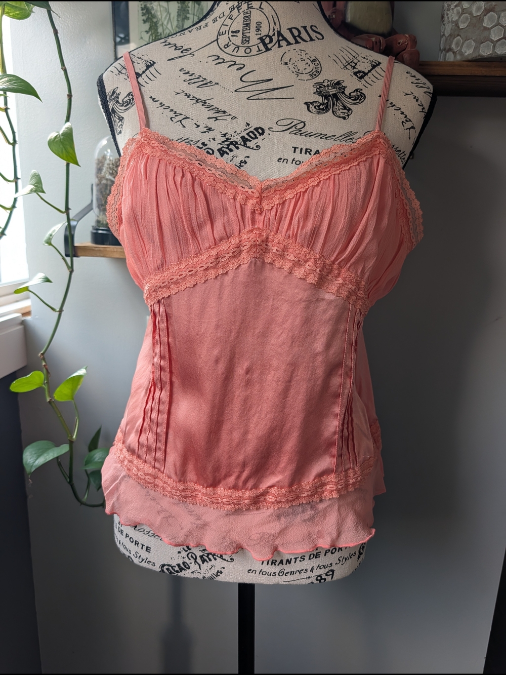 Pink Coral Lace Trim Cami Tank Top Size M